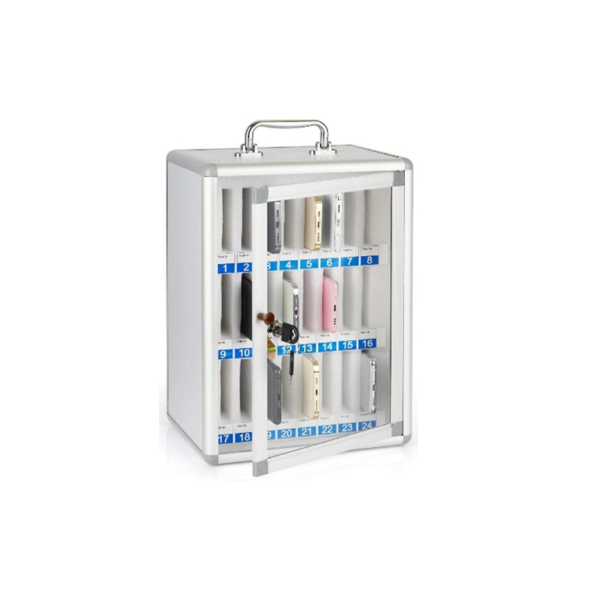Coffret Armoire rangement 24 téléphones portable Serrure Alu Vitré