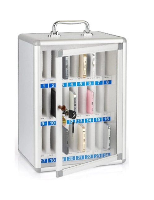 Coffret Armoire rangement 24 téléphones portable Serrure Alu Vitré